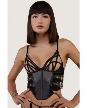 Black Vegan Leather Belted Underbust Corset